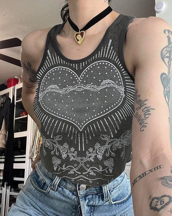 Grunge Heart-Detail Cotton Tank Top