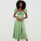 Square-Neck Midi Dress with Puff Sleeves