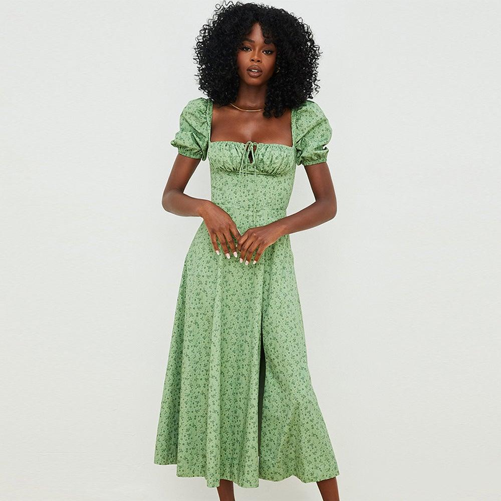 Square-Neck Midi Dress with Puff Sleeves