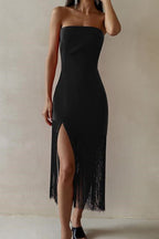 Fringe-Detail Dress with Slit Detail