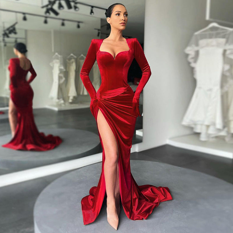 Velvet Velvet-Look High-Slit Maxi Dress