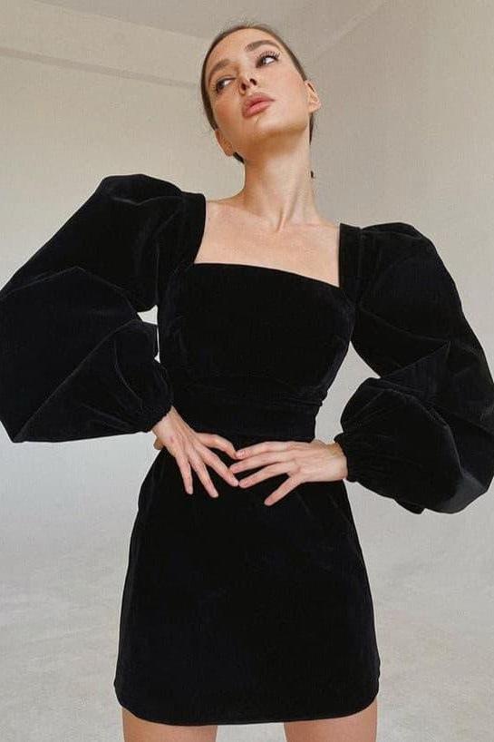 Black Velvet Puff-Sleeve Dress Main image