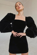 Black Velvet Puff-Sleeve Dress