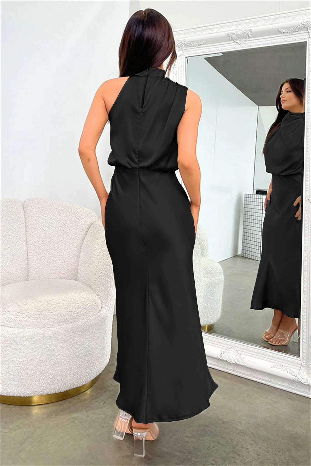Satin Midi Dress with Long Sleeves