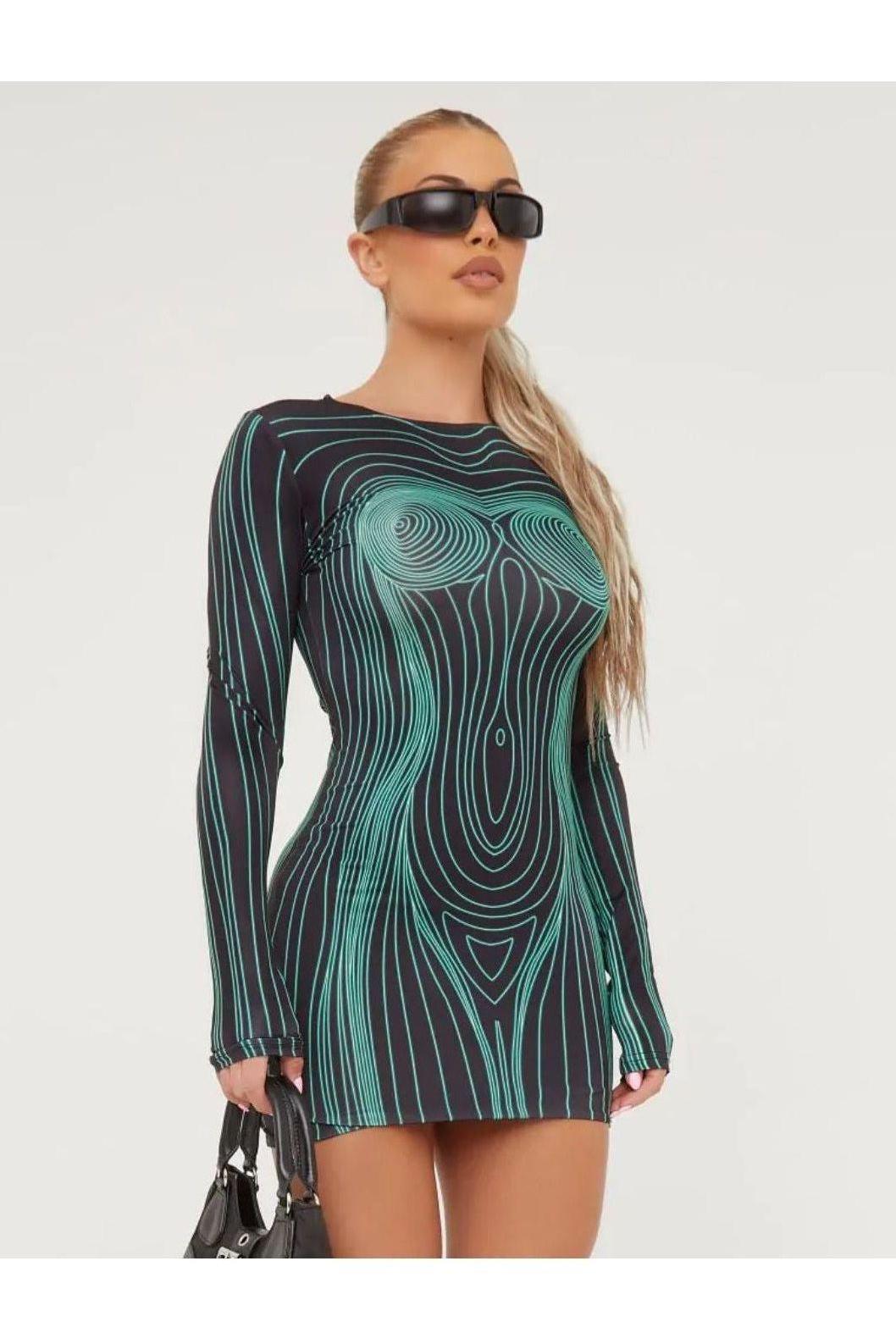 Printed Hooded Long-Sleeve Dress