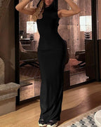 Hooded Stretch-Blend Maxi Dress with Polyester Fabric