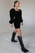 Black Velvet Puff-Sleeve Dress