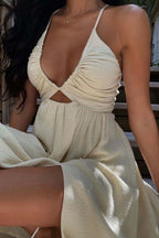 Wrap-Style Polyester Midi Dress in Beige