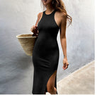 High-Slit Cotton Midi Dress with Cross Details