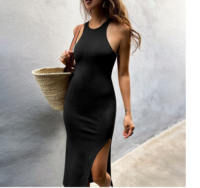 High-Slit Cotton Midi Dress with Cross Details