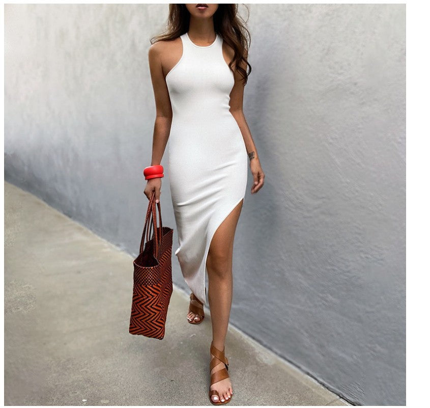 High-Slit Cotton Midi Dress with Cross Details