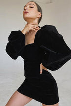 Black Velvet Puff-Sleeve Dress