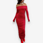Red Strapless Off-Shoulder Maxi Dress