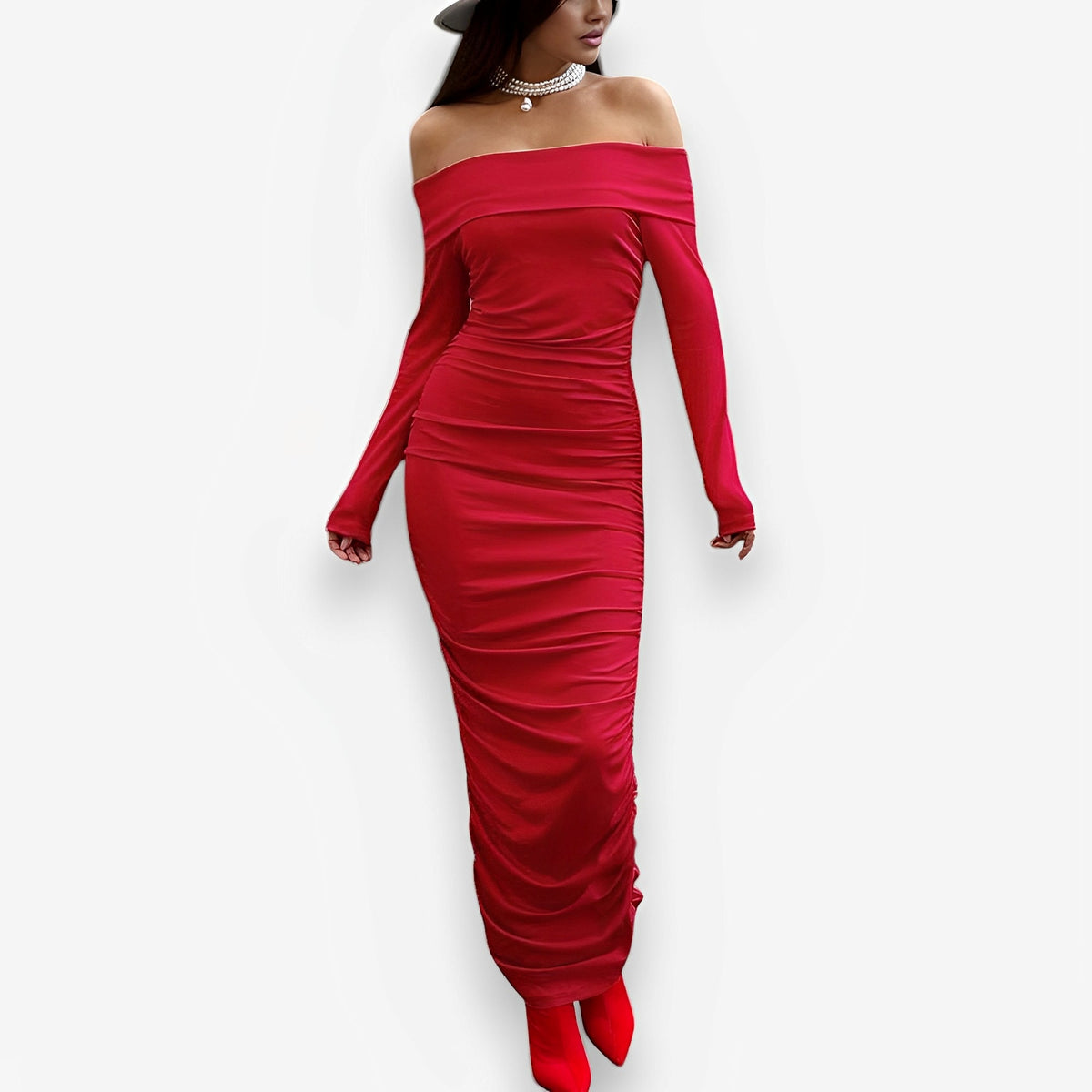 Red Strapless Off-Shoulder Maxi Dress