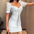 Puff-Sleeve Fitted Mini Dress with Crepe Texture