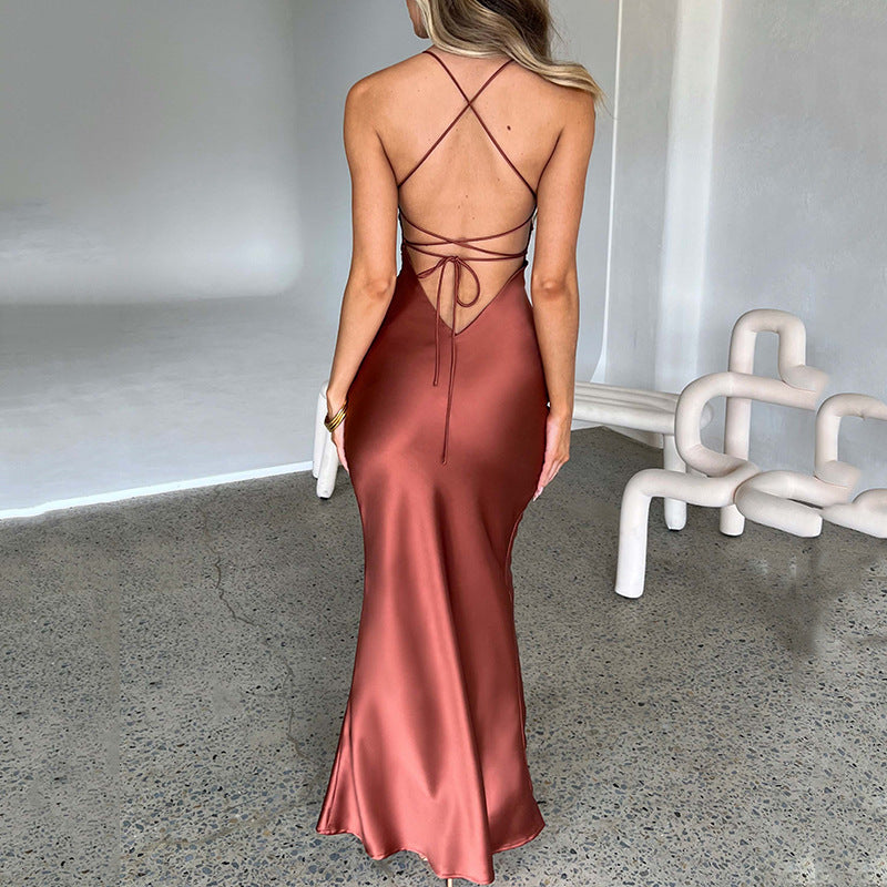 Satin Plunging V-Neck Maxi Dress