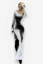 Slit-Detail Printed Dress with Long Sleeves