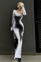 Slit-Detail Printed Dress with Long Sleeves