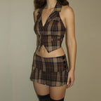 Plaid Vintage-Inspired Two-Piece Skirt Set with Pleats
