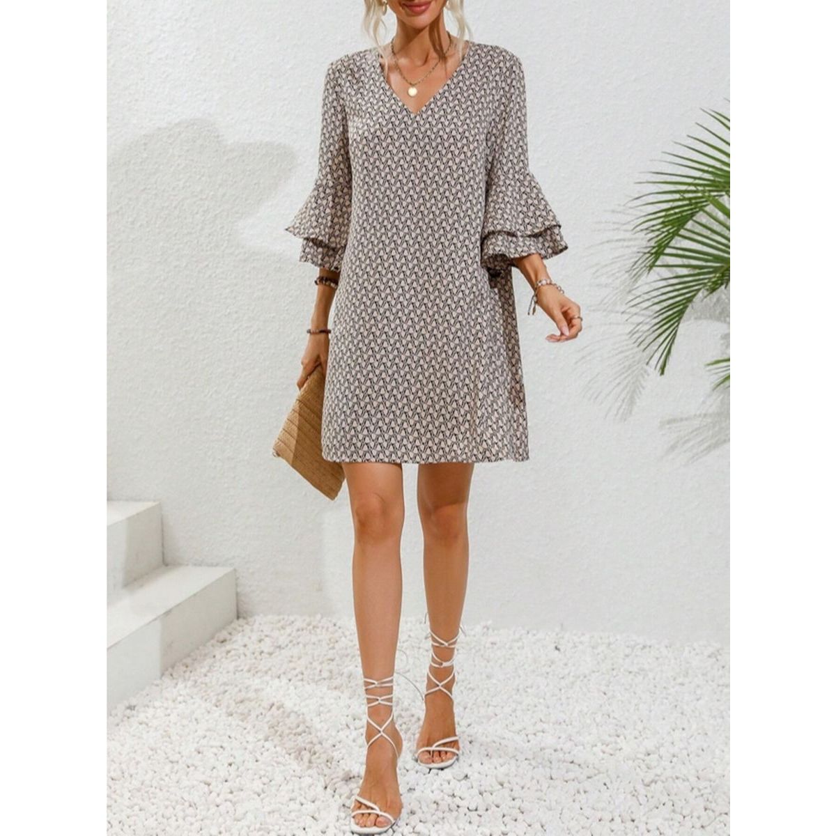 V-Neck Flared Dress with Short Length