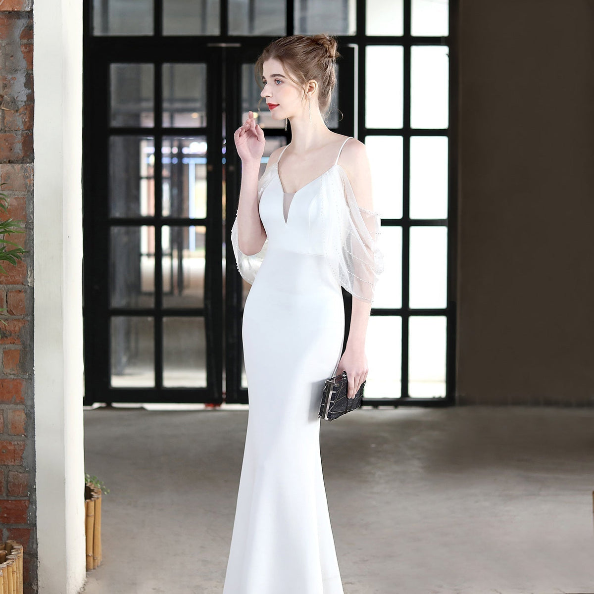 V-Neck Mermaid Dress with Off-Shoulder Neckline