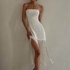 Fringe-Detail Dress with Slit Detail