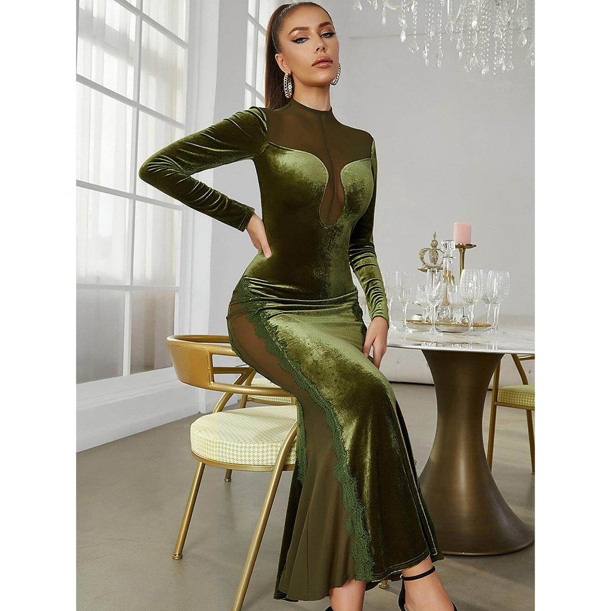 Velvet Mesh Panelled Dress