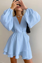 Cotton Slim-Fit Dress with Lantern Sleeves