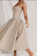 Pleated Slim-Fit Midi Dress with Open Back