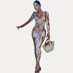 V-Neck Printed Maxi Dress with Slim Fit