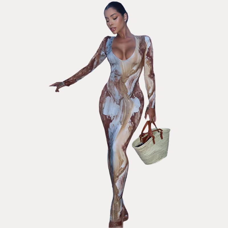 V-Neck Printed Maxi Dress with Slim Fit
