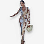V-Neck Printed Maxi Dress with Slim Fit