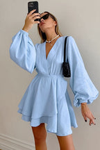 Cotton Slim-Fit Dress with Lantern Sleeves