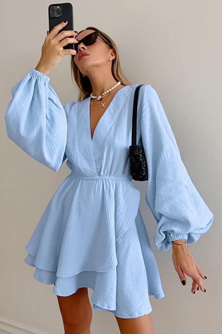 Cotton Slim-Fit Dress with Lantern Sleeves