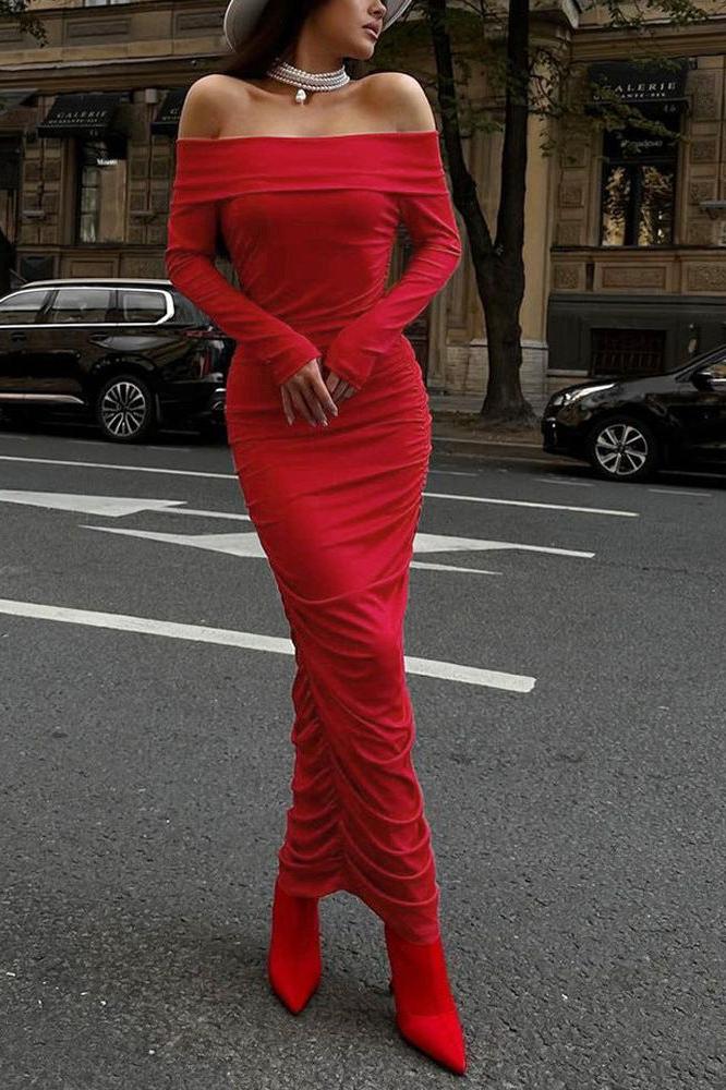 Red Strapless Off-Shoulder Maxi Dress