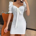 Puff-Sleeve Fitted Mini Dress with Crepe Texture
