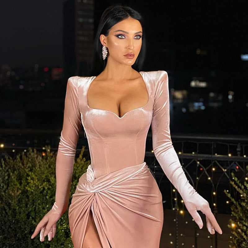 Velvet Velvet-Look High-Slit Maxi Dress