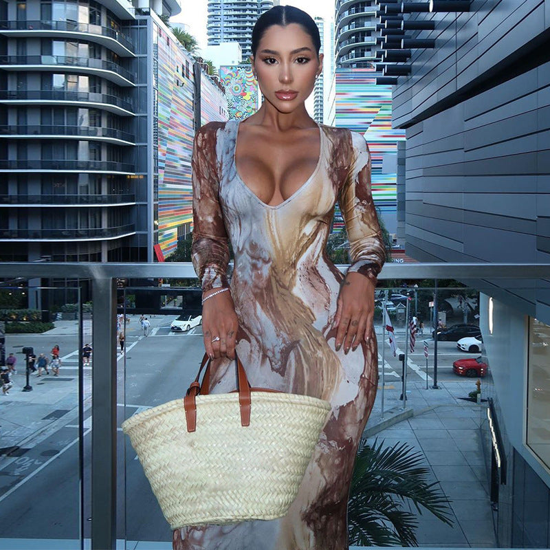 V-Neck Printed Maxi Dress with Slim Fit