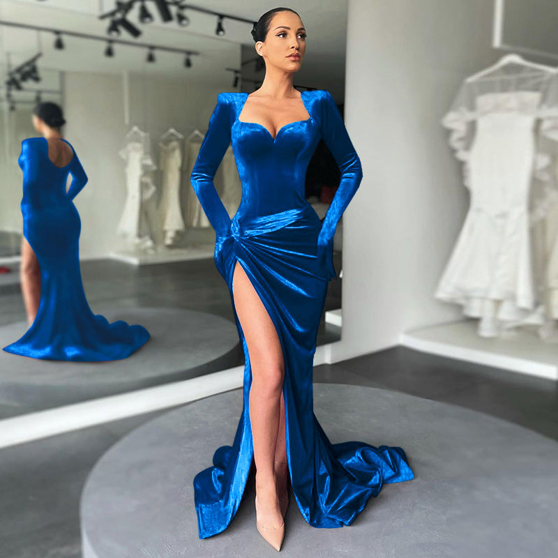 Velvet Velvet-Look High-Slit Maxi Dress