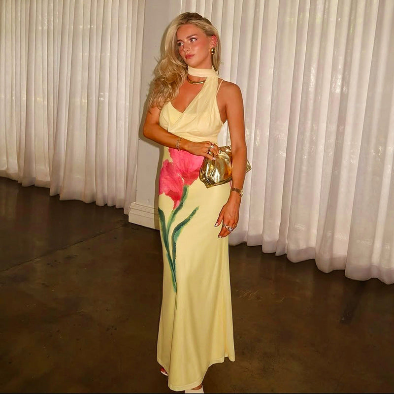 Open-Back A-Line Maxi Dress with Halter Neckline