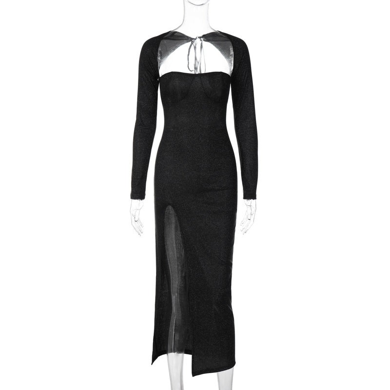 Knit High-Slit Dress with Glitter Detail