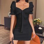 Puff-Sleeve Fitted Mini Dress with Crepe Texture