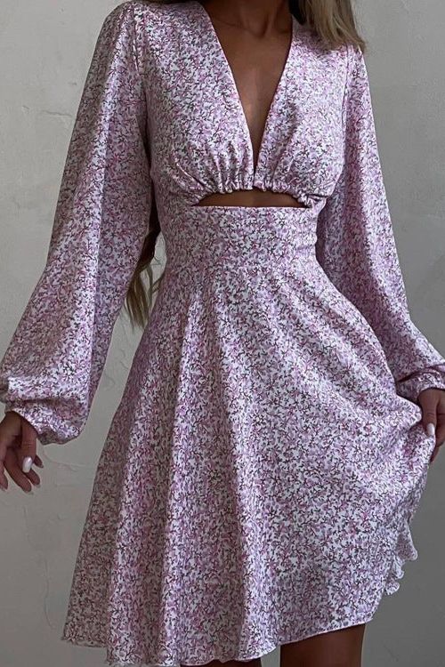 V-Neck Pink Dress with Long Sleeves