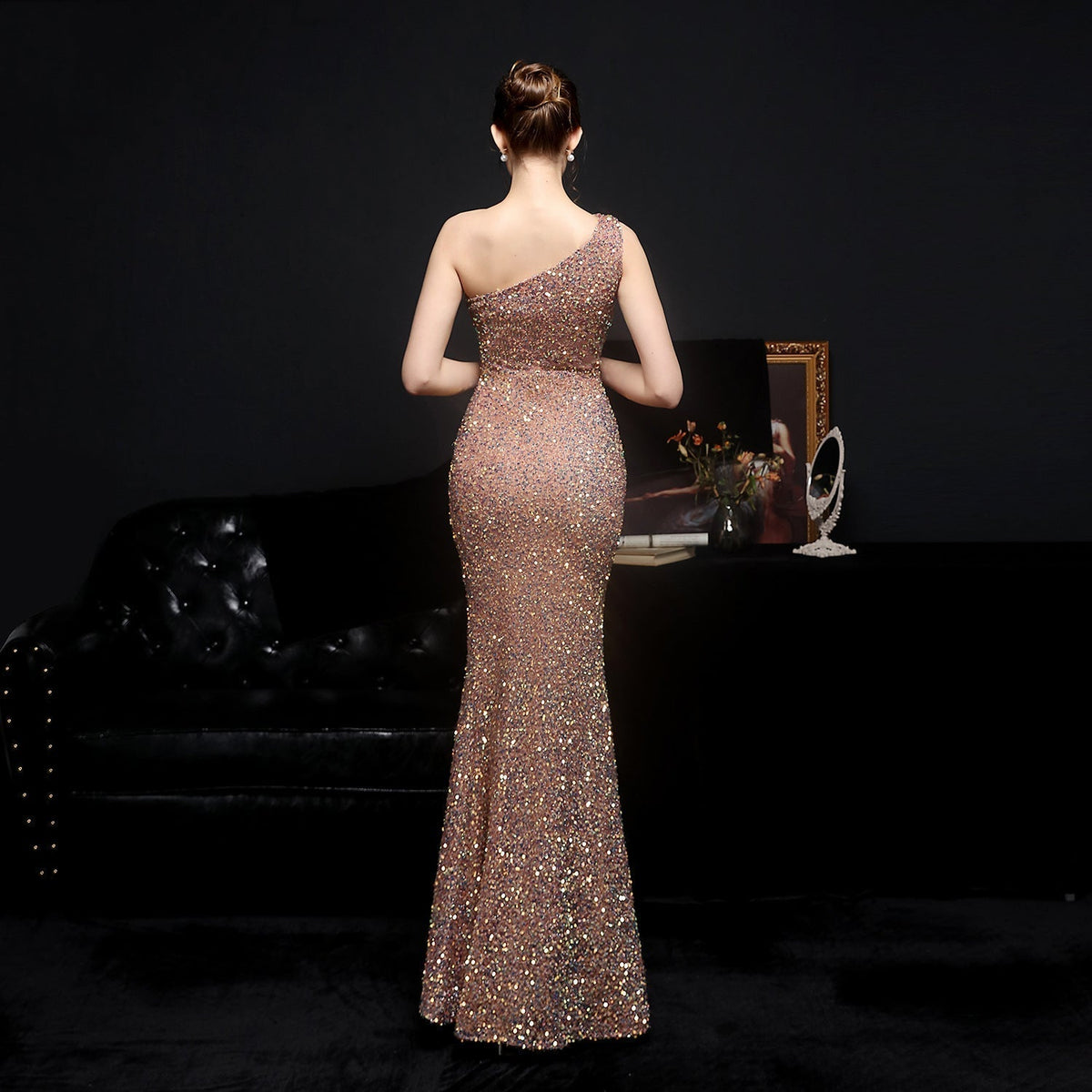 Sequined Dress with One-Shoulder Cut