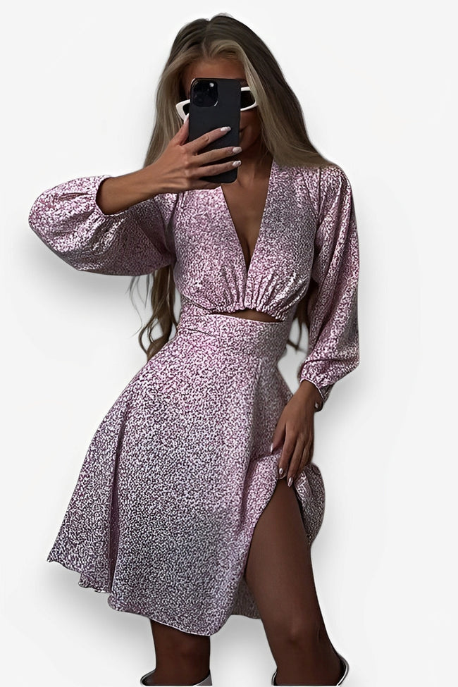 V-Neck Pink Dress with Long Sleeves Main image