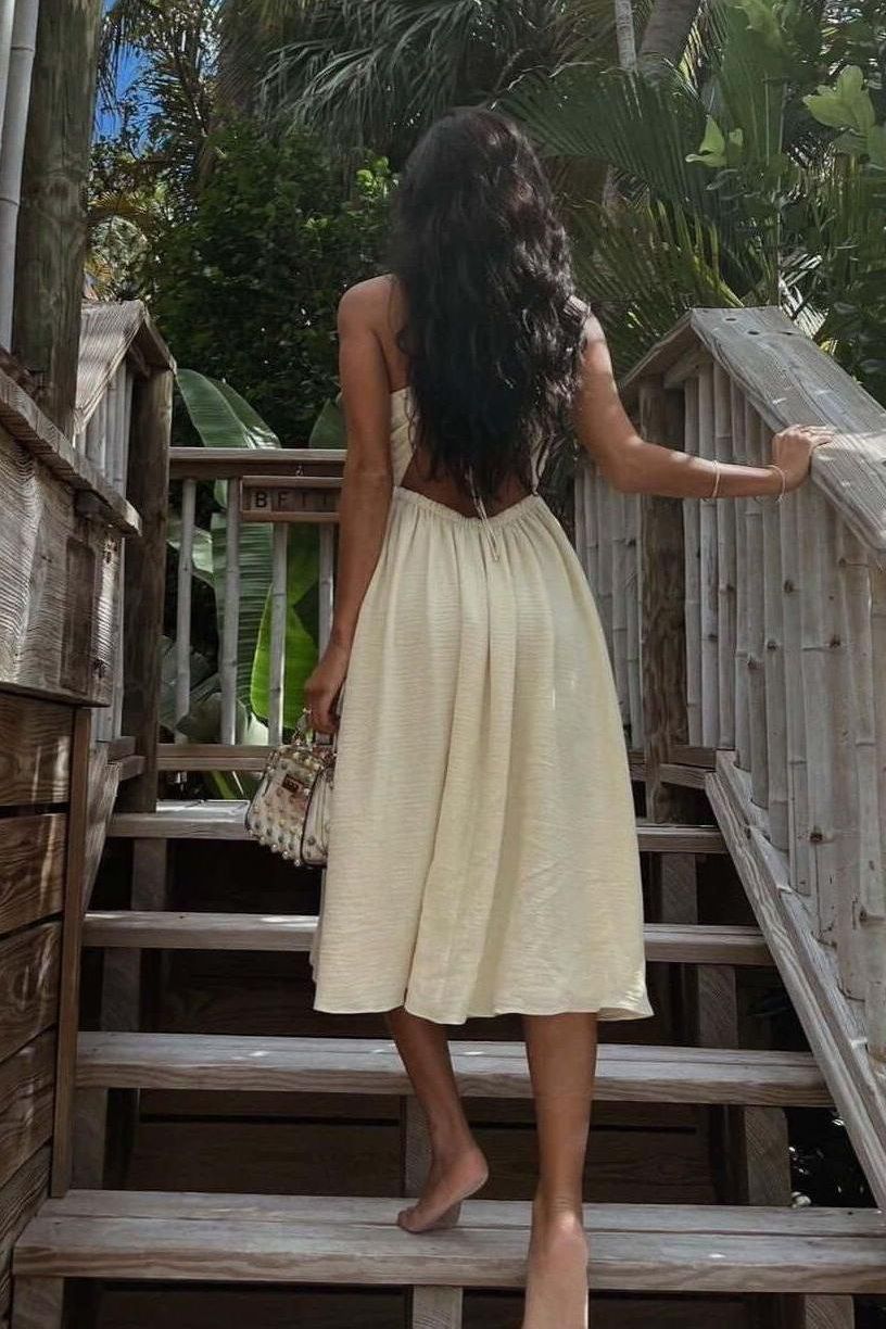 Wrap-Style Polyester Midi Dress in Beige