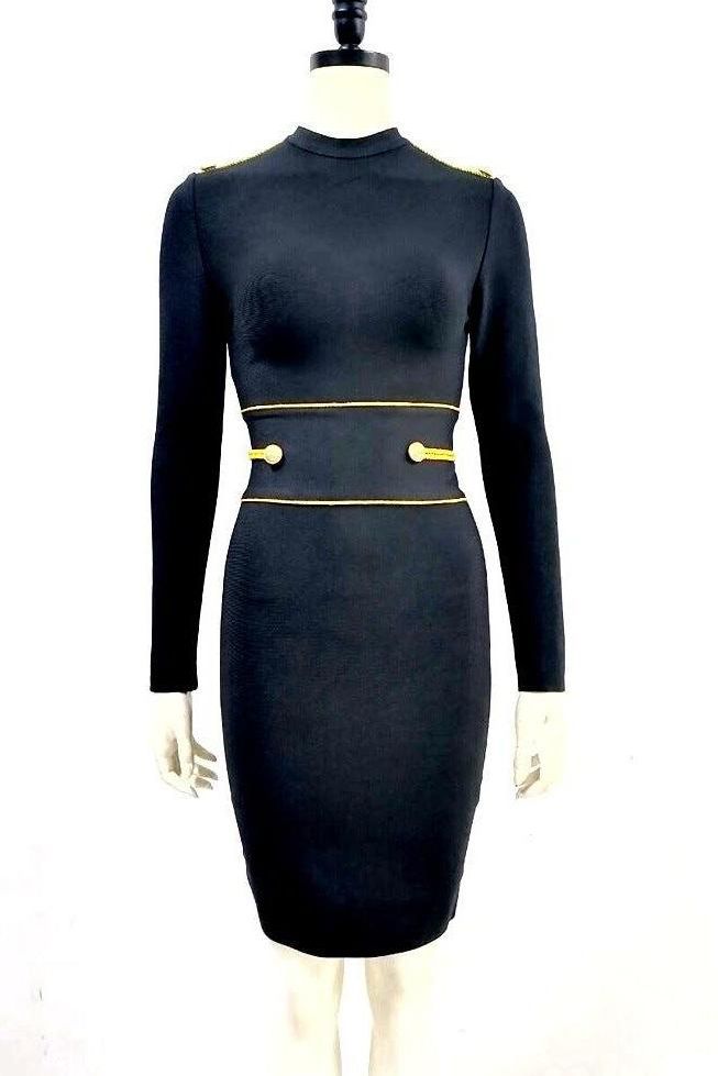Button-Detail Gold Mini Dress with Stud Details