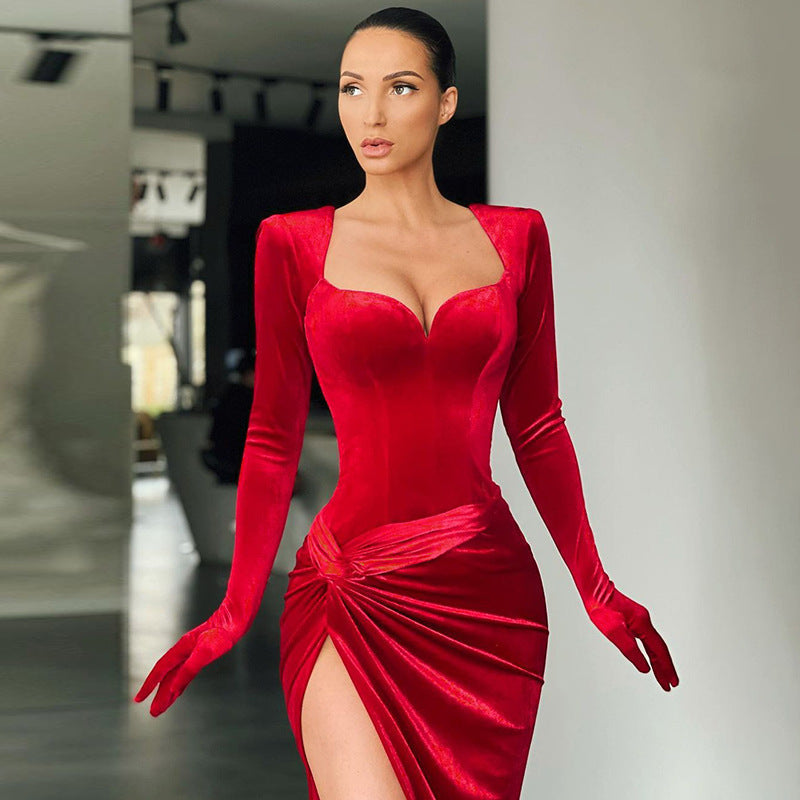 Velvet Velvet-Look High-Slit Maxi Dress