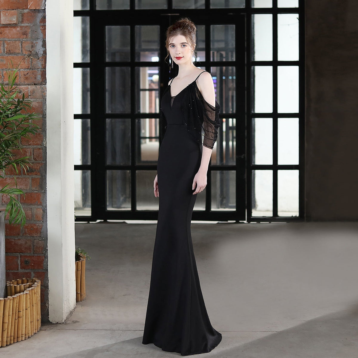 V-Neck Mermaid Dress with Off-Shoulder Neckline