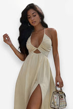 Wrap-Style Polyester Midi Dress in Beige